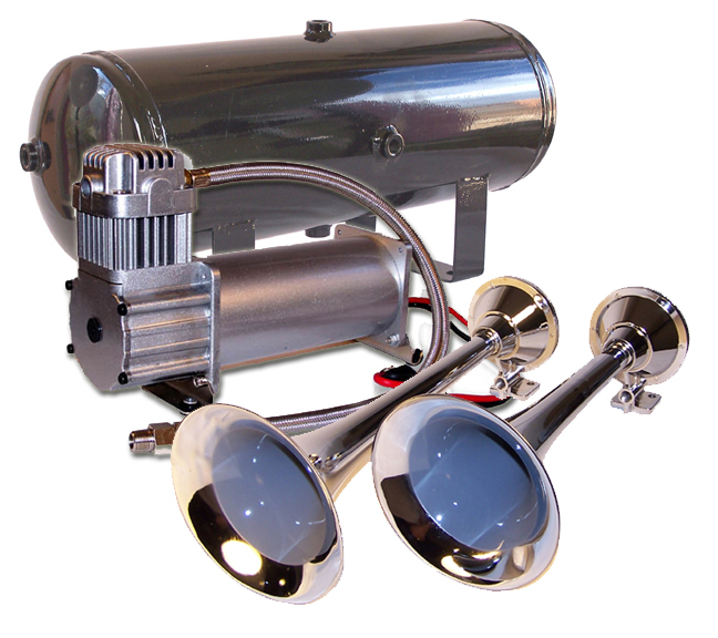 Air Horn Kit for Trucks; TwoTrumpet w/130 PSI 12Volt Compressor, Tank
